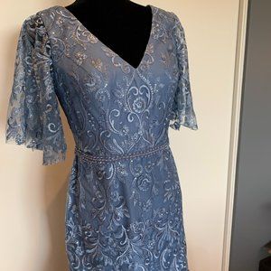 Embellished blue sequin mesh V-neck sleeves godet skirt formal gown sz 10 NWT